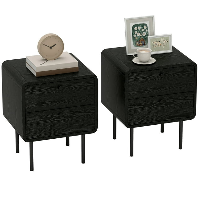 HOMCOM Ensemble de 2 Tables de Nuit avec 2 Tiroirs de Rangement, Tables de Chevet, Noir. Ces Tables de Nuit à grain de Bois Noir Présentent des Coins Arrondis pour la Sécurité, Deux Tiroirs Spacieux pour le Rangement et des Pieds en Acier avec Patins Antidérapants pour la Stabilité. Conçues pour les Chambres Ou les Espaces de Vie, Elles Offrent un Dégagement de 7,1 Pouces pour un Nettoyage Facile en Dessous. Idéal pour Organiser les Meubles de Chambre et Créer une Disposition Équilibrée et Symétrique.