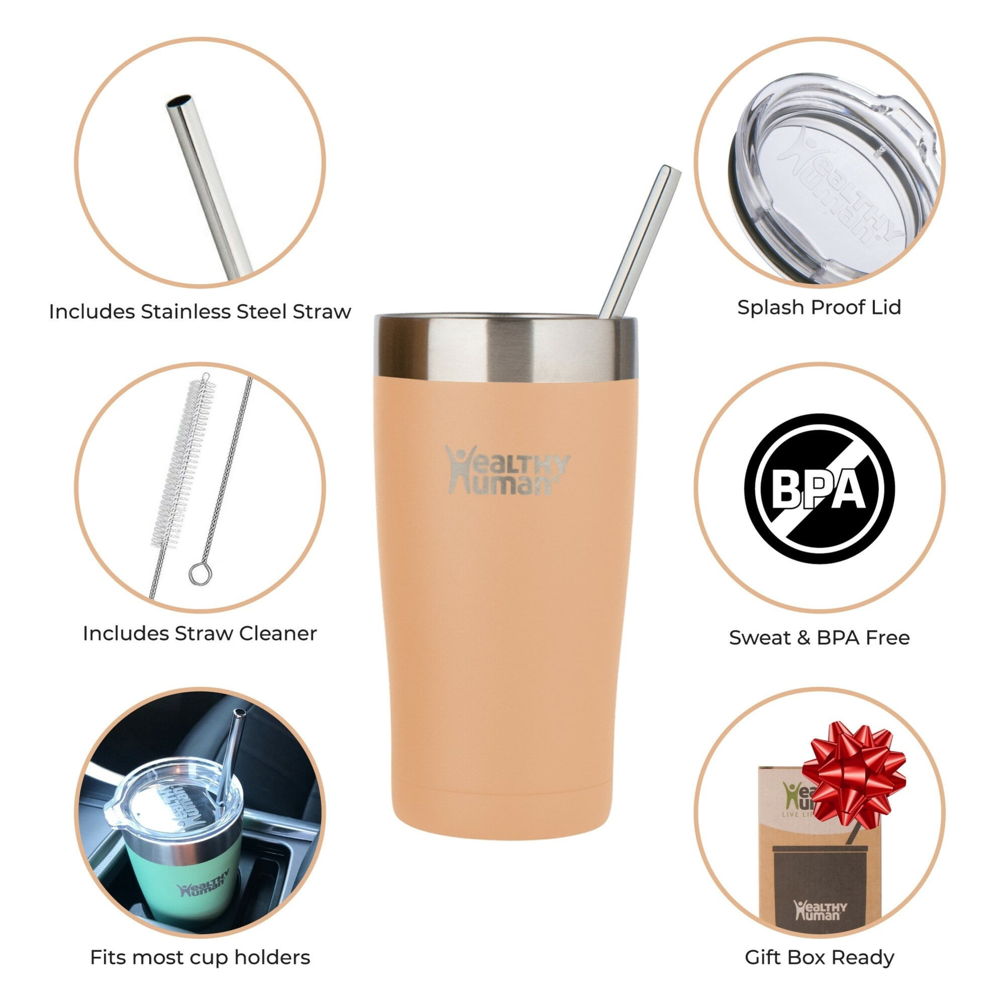 Healthy Human Stainless Steel Tumbler with Straw & Lid | Splash Proof Insulated Travel Cup | Eco-Friendly Coffee Tumblers | Water Cups with Straws Cleaner and Splash Proof Lids (20oz, Papaya)