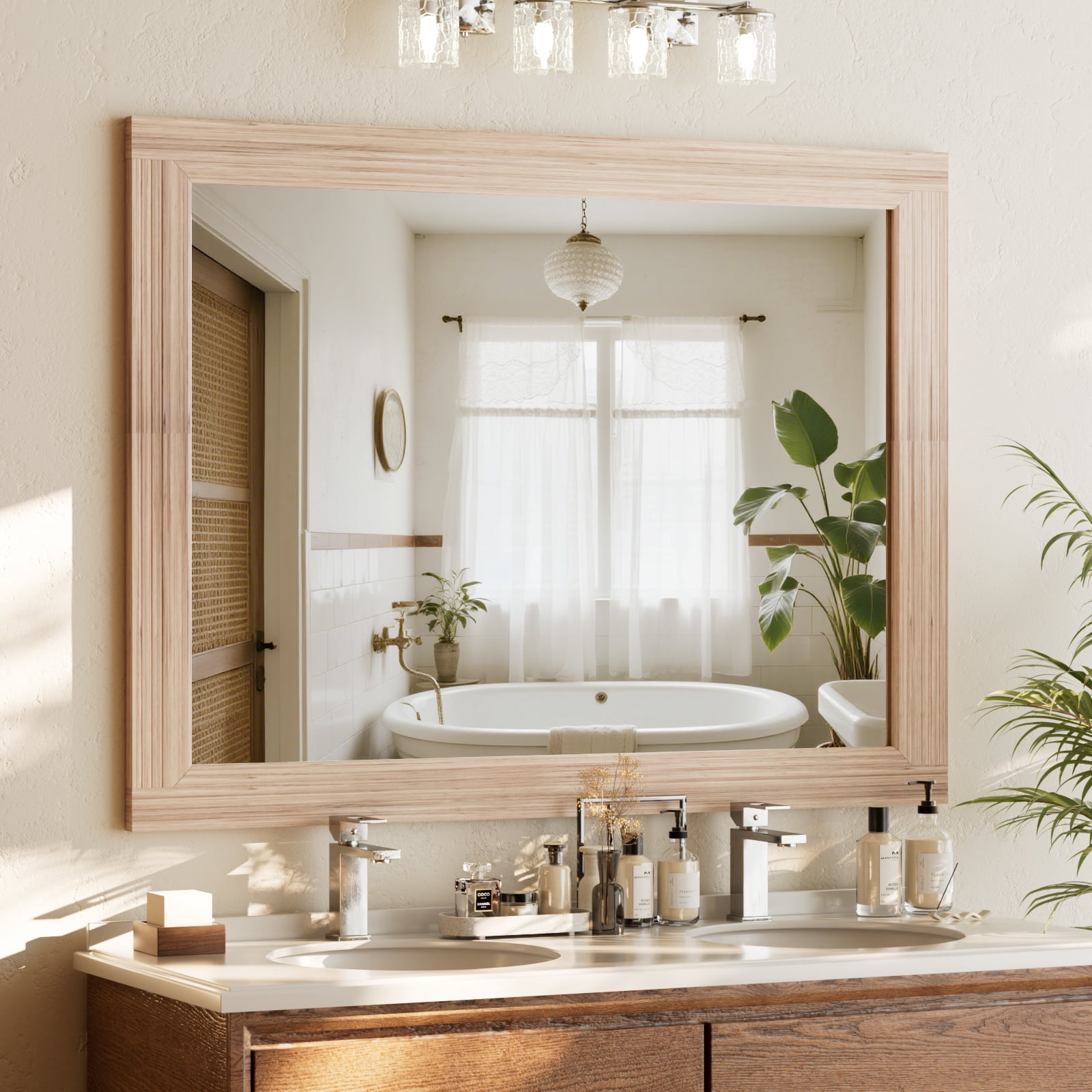 Easy4Home 40"x30" Rectangular Bathroom Mirror with Wooden Frame Decorative Wall Mounted Mirror, White