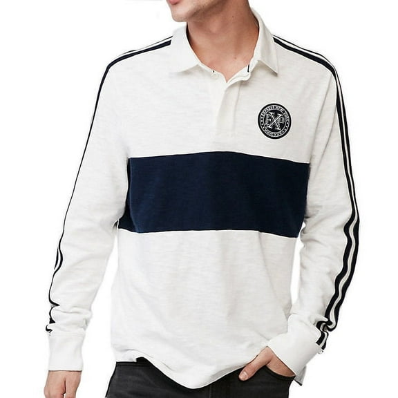 New Express Mens White Blue Striped Long Sleeve Rugby Polo Shirt Sz M Medium 3970-4