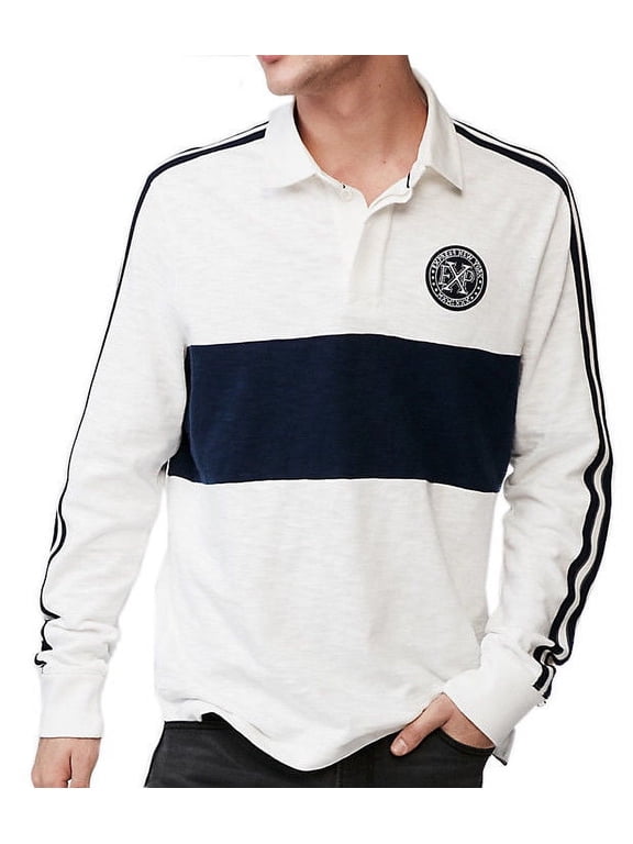 New Express Mens White Blue Striped Long Sleeve Rugby Polo Shirt Sz M Medium 3970-4