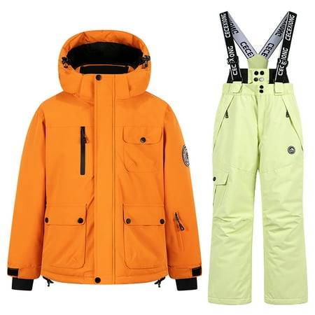 dazeni Kids Snowsuits 3-14 Years Boys Girls Snow Suits 2 Piece Warm Insulated Orange Ski Jacket and Jumpsuit Pants Set Winter Warm Outfits for Snowboarding 7-8Years