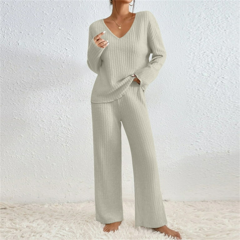 zfwon Womens Lounge Wear Set Casual Solid Color Loose Fit Knit