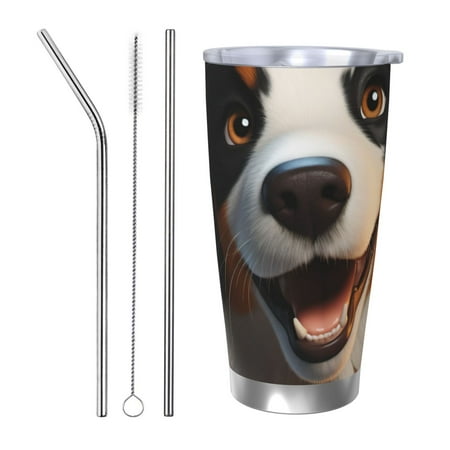 

Uemuo Playful Smile Cute Dog Print Travel Coffee Mug 20oz Double-walled Car Cup Stainless Steel Insulated Tumbler Leak-proof Travel Cup Reusable Straw Car Cup-Straw Three-piece Set