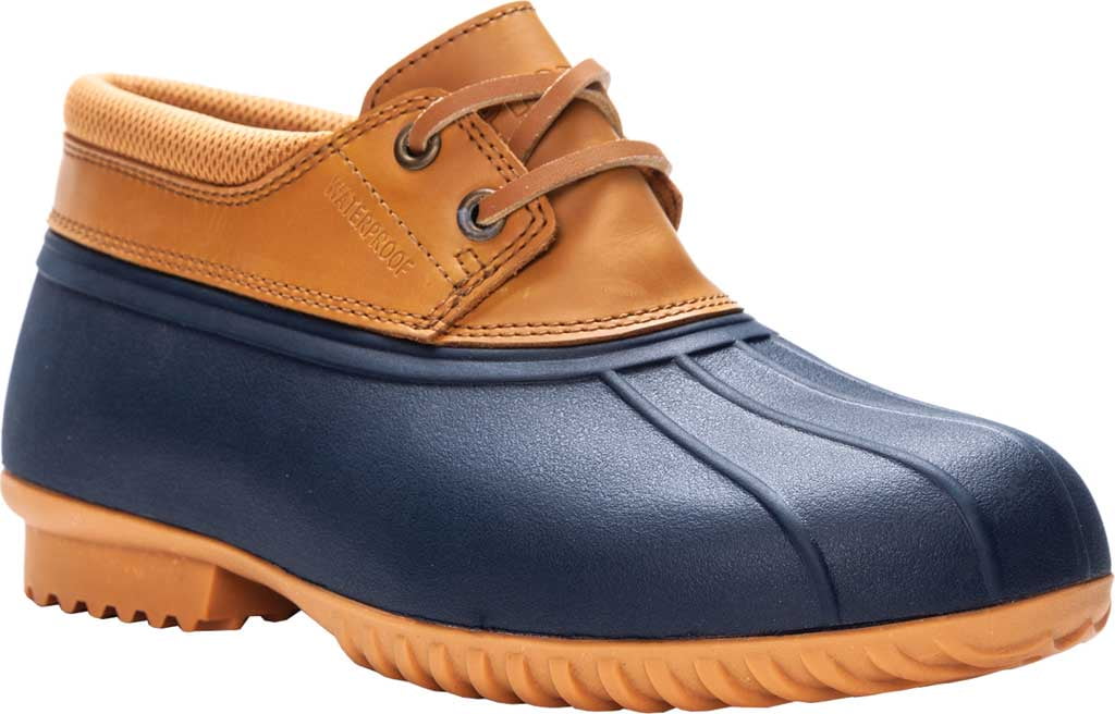 brown and navy duck boots