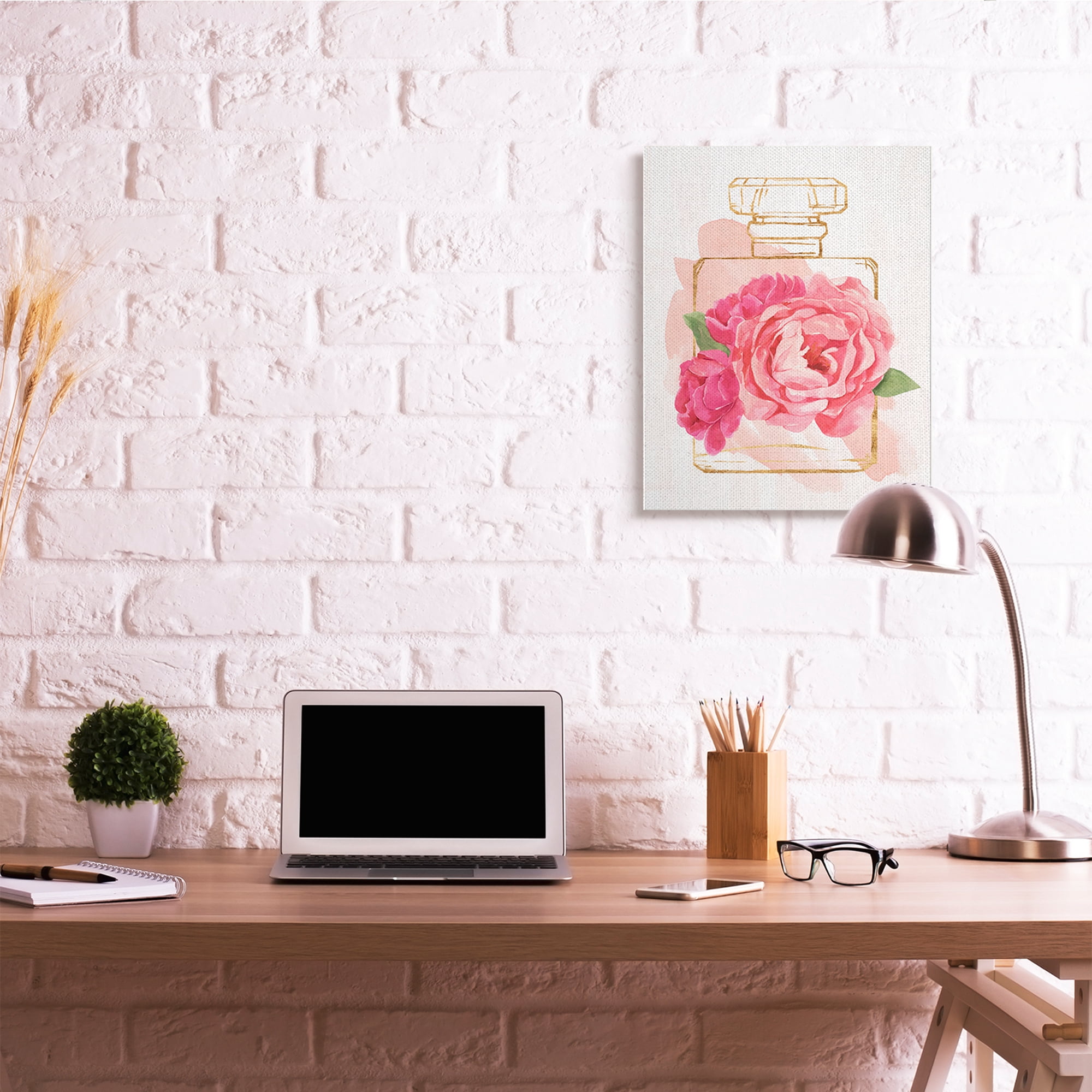 Stupell Industries Golden Perfume Bottle Glam Pink Floral Bloom Canvas Wall Art, 24 x 30, Design by Annie Warren