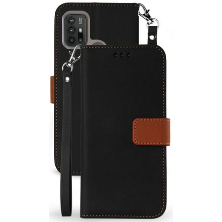 Wallet Phone Case for Moto G30, [Black/Brown] Folio Credit Card Slot ID Cover, View Stand [with Magnetic Closure, Wrist Strap Lanyard] for Motorola G30/G10
