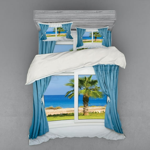 Ambesonne Colorful Bedding Set 4 Pcs, Shore Palm Tree Island, Queen, Blue Green