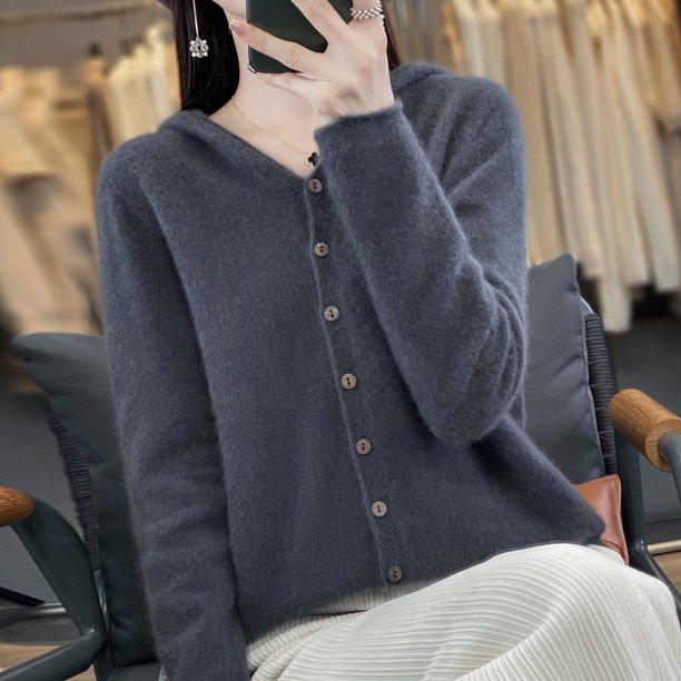 Chaqueta tipo suéter de cachemira con capucha y sin costuras confeccionada para mujer de pura lana merino australiana