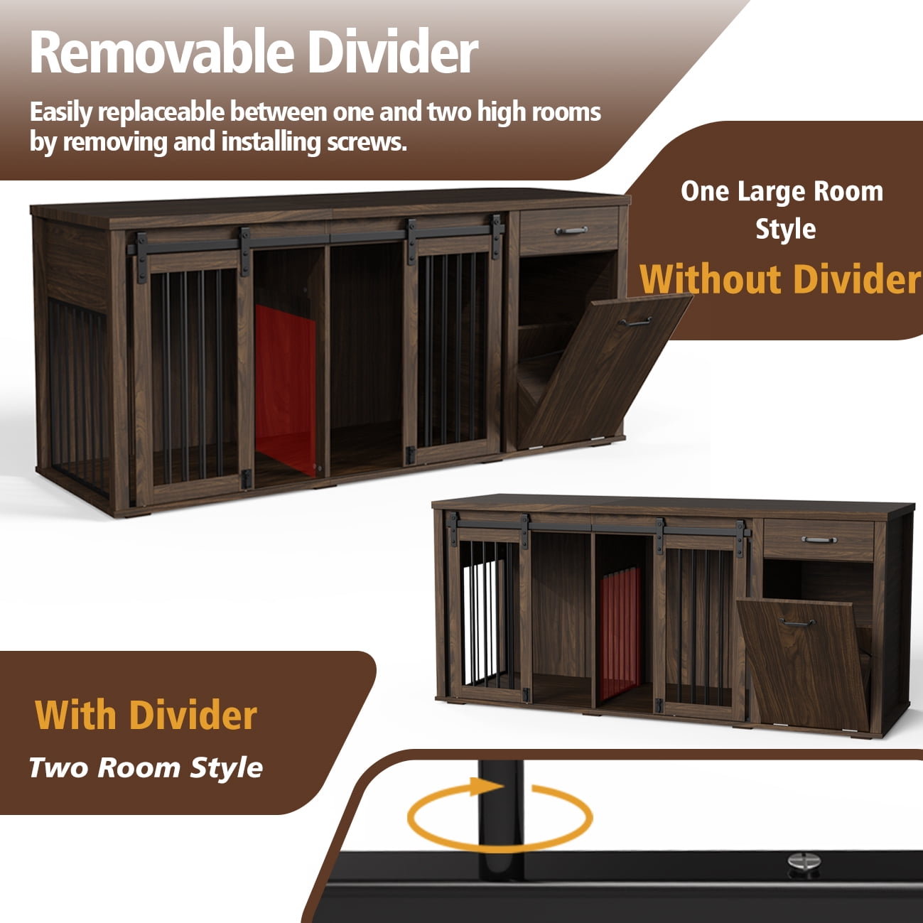 71'' Multi- Functional Dog Crate Furniture for 2 Dogs with Divider and Sliding Doors, Large Dog Kennel with Storage Drawer and Tilt Out Trash Cabinet, Brown