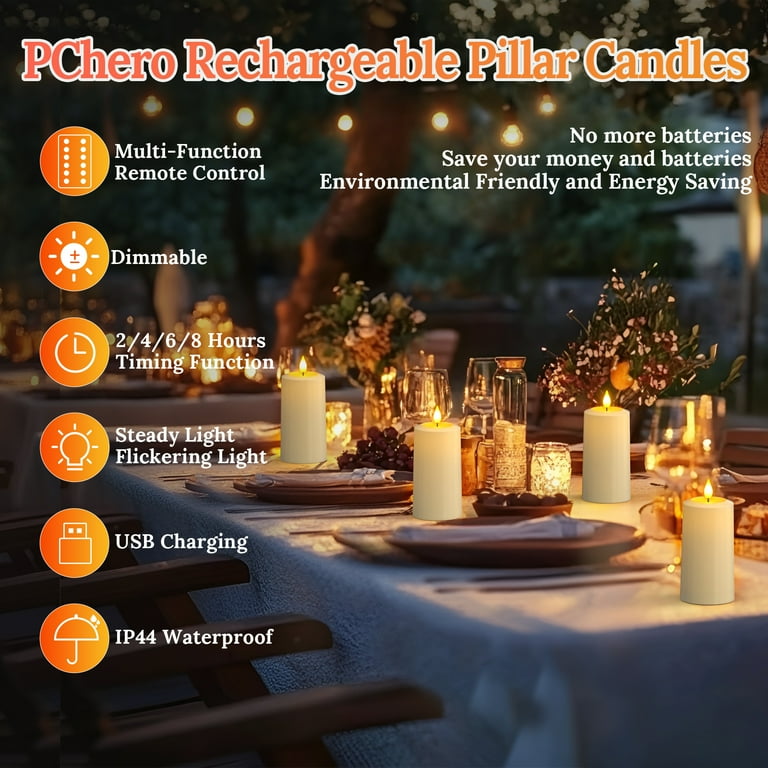 PChero Outdoor Rechargeable LED Pillar Candles with Remote, 4-Pack photo 3