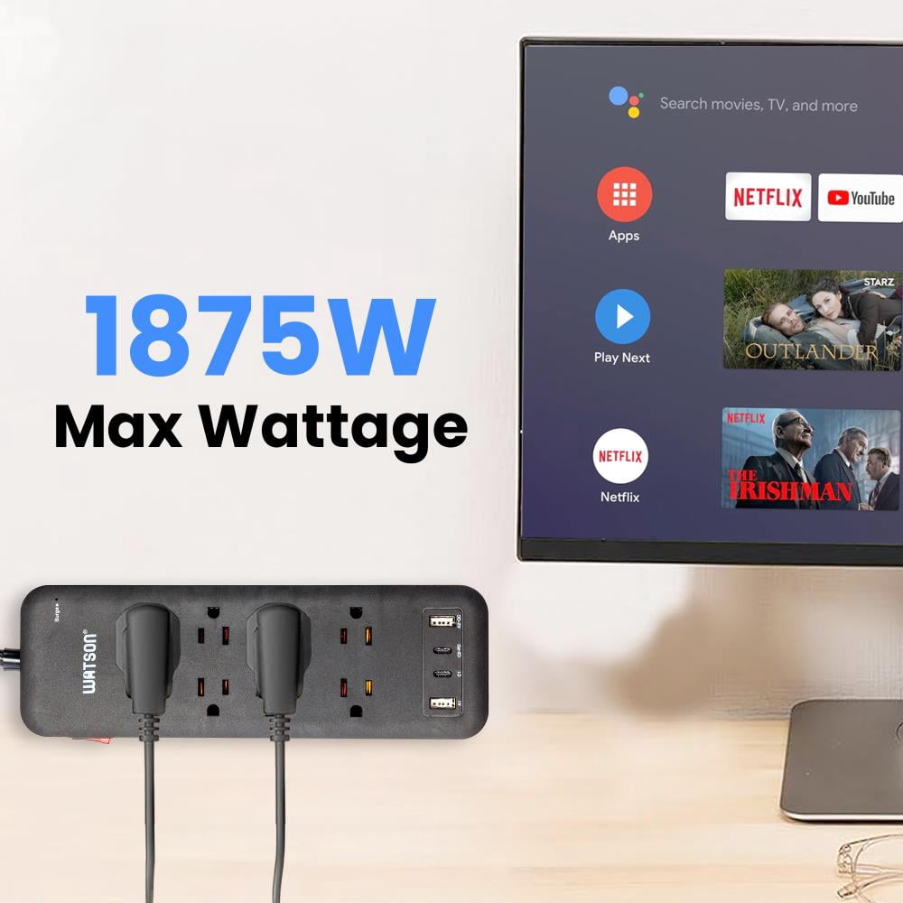 8-Outlet Surge Protector with 4 USB Ports, 2450 Joules, 6' Cord, LED Indicator – Power Strip for Home and Office Use by Watson (Black)