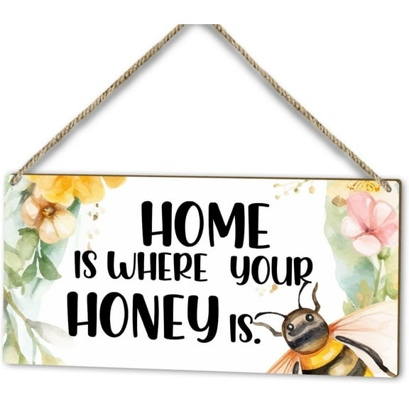 Wood Sign 5x10 Inch Home Is Where Your Honey Is Sign Wood Door Hanging Plaque Shelf Decor Home Farmhouse Bee Flower Door Decor Wooden Sign Wall Art Kitchen Decor Coffee Bar Hallway Spring Summer Gift