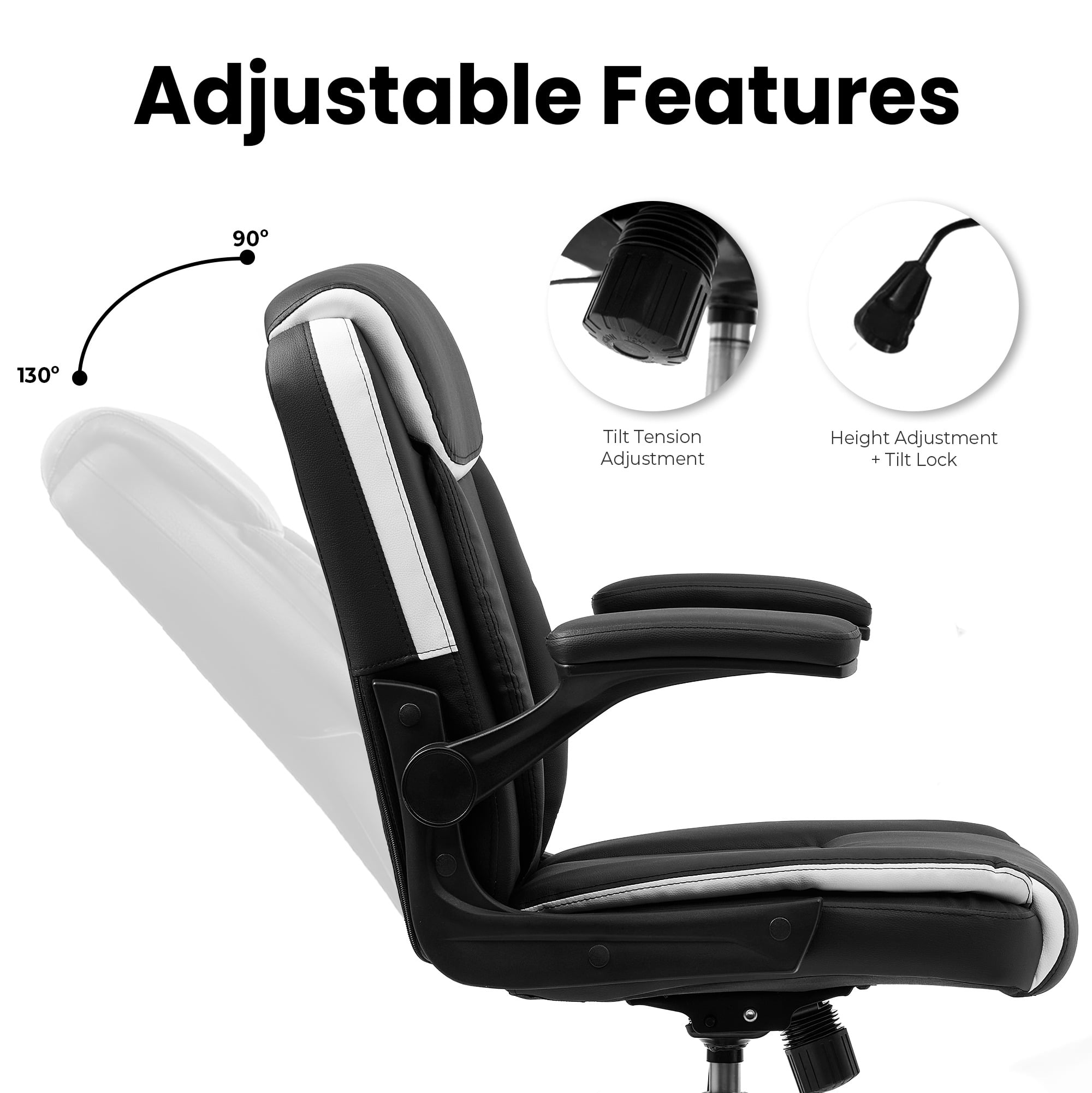 NEO CHAIR Desk Office Gaming Computer Chair Ergonomic Executive Mid-Back Leather with Adjustable Padded Flip-Up Armrests Cushion Wheels Swivel for Home Study Task (Black White)
