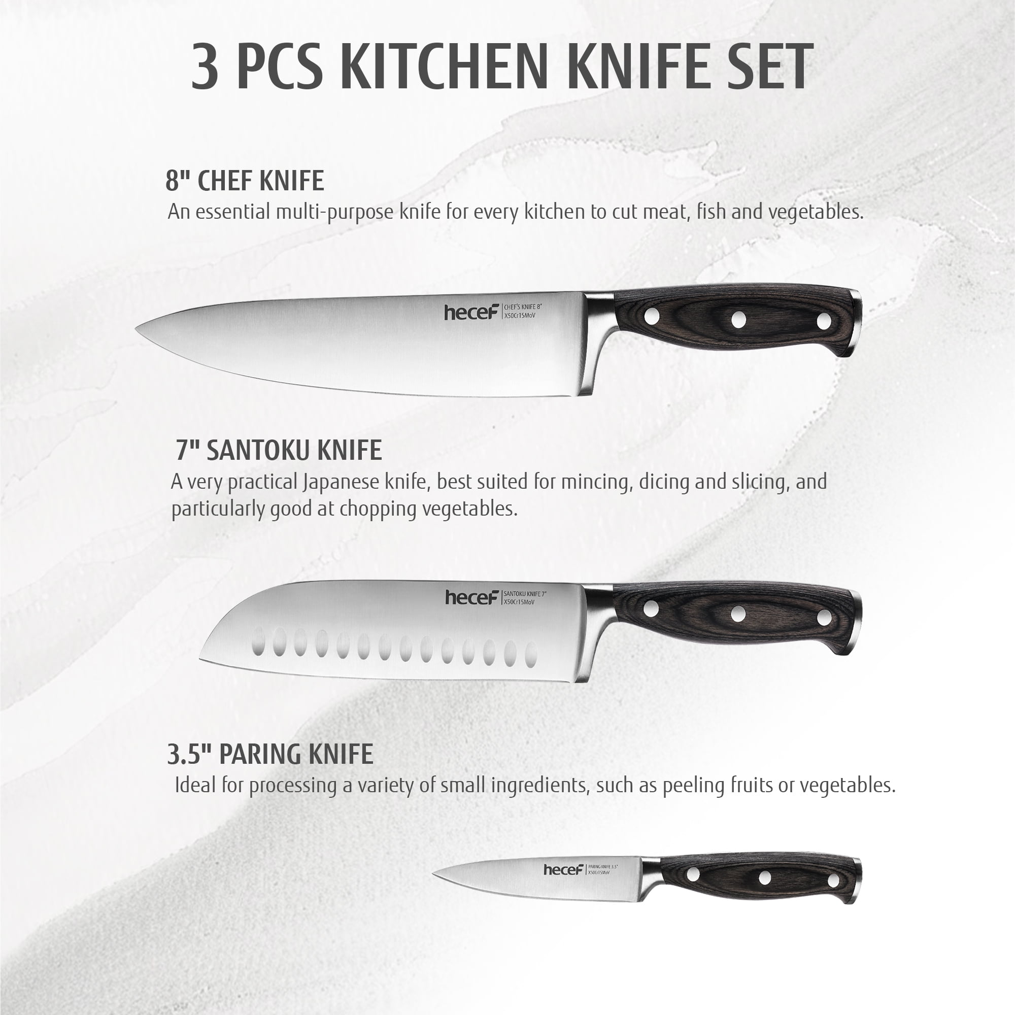 Hecef 3-Piece Knife Set, German Stainless Steel Ultra Sharp Chef, Santoku, Paring Knife with Gift Box