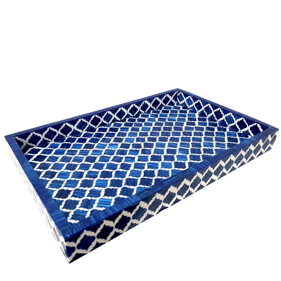 Collectiblesbuy Vintage Handmade Serving Platter Resin with Color |Blue |White |Wooden| Bone Inlay