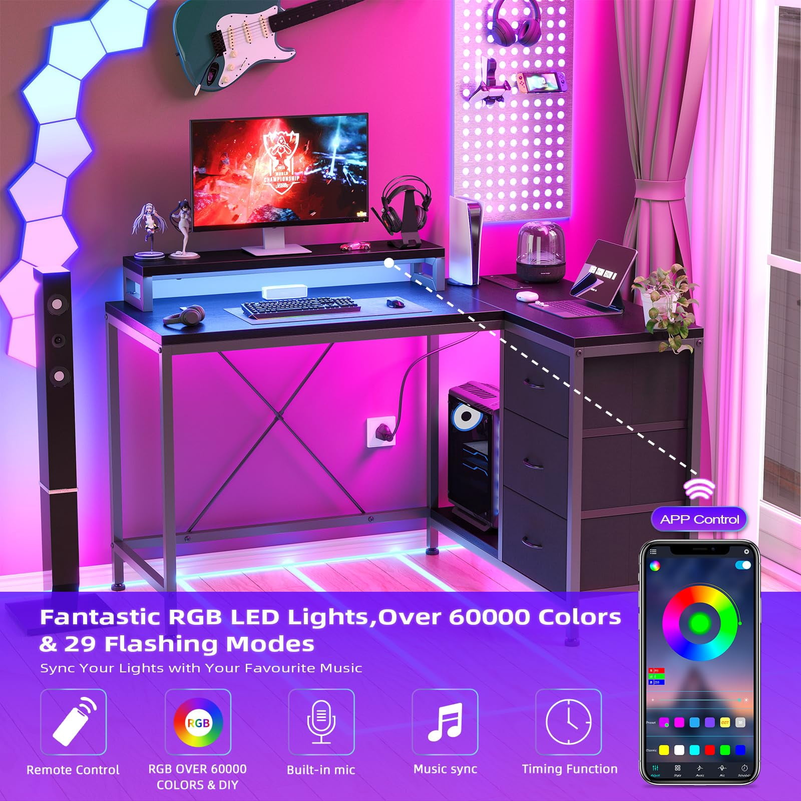 Litake L Shaped Desk with Power Outlets & LED Lights, Computer Desk with Drawers & Shelves, Corner Desk Gaming Desk Home Office Desk, Black