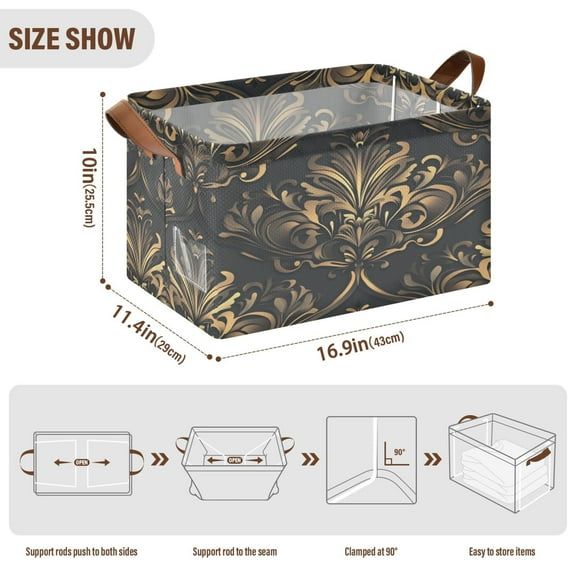 BZSMCE Collapsible Fabric Cube Storage Bins Elegant Black and Gold Pattern Design Pattern Storage Box