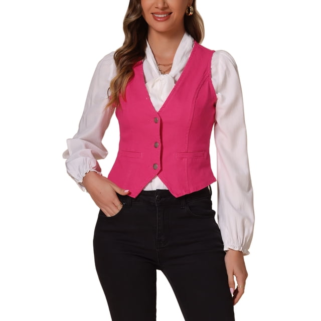 Chaleco de mezclilla sin mangas para mujer INSPIRE CHIC, con cuello en V y botones, casual, talla XL, color rosa intenso