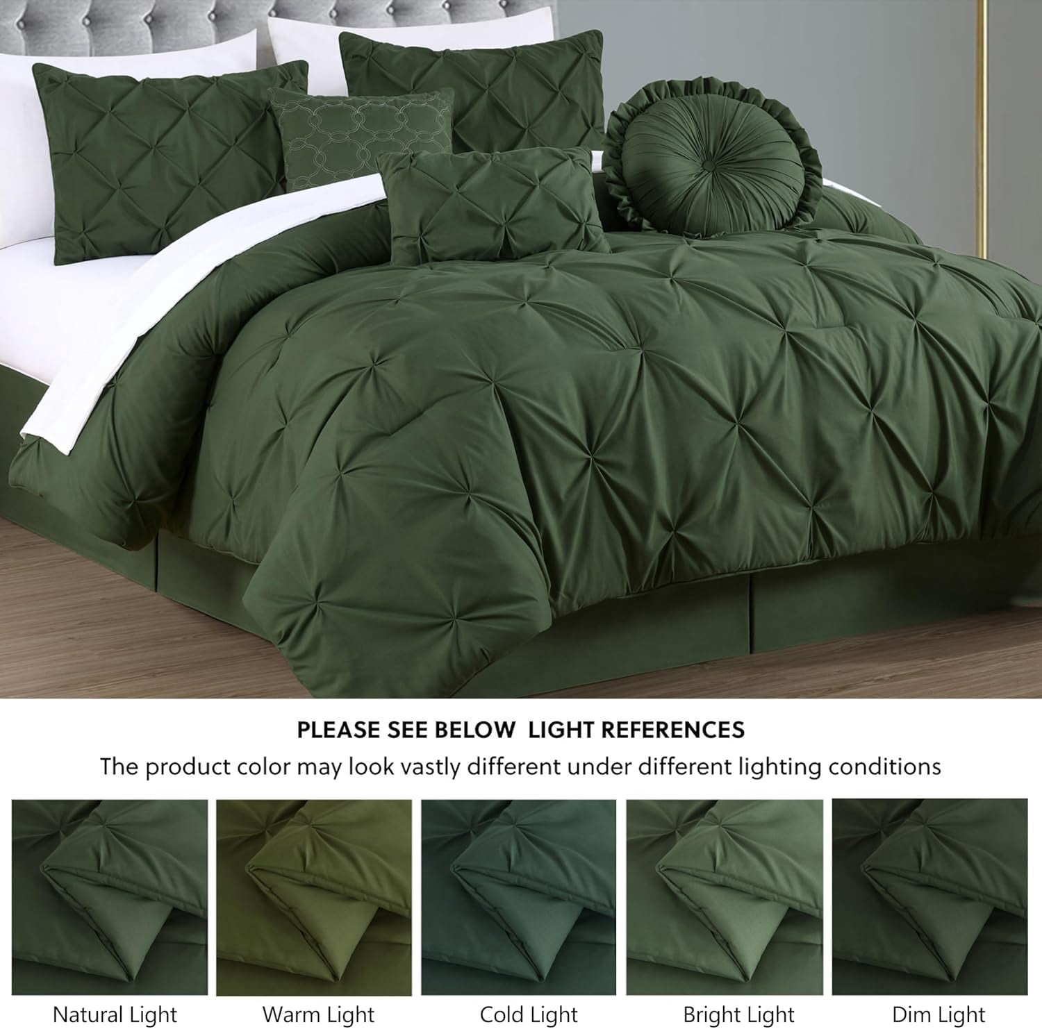 Chezmoi Collection Sydney 7-Piece Pinch Pleat Comforter Set, Lightweight Pintuck Bedding for All Season, Queen, Forest Green