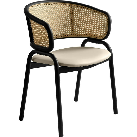 LeisureMod Dining Chair Upholstered in Leather with Curved Wicker Back Armchair and Black Powder-Coated Stainless Steel Frame and Legs for Modern Home, Kitchen Ervilla Collection in Beige