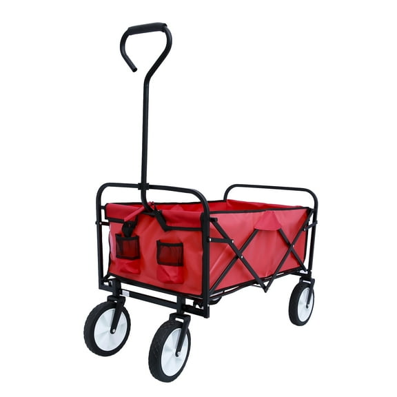 Folding Beach Wagon Cart, Collapsible Outdoor Utility Wagon with Drink Holder, Heavy Duty Beach Wagon with 8" Rubber Wheels, Suit for Shopping, Beach, Yard, Camping, Red, 150 Pound Capacity, I7462