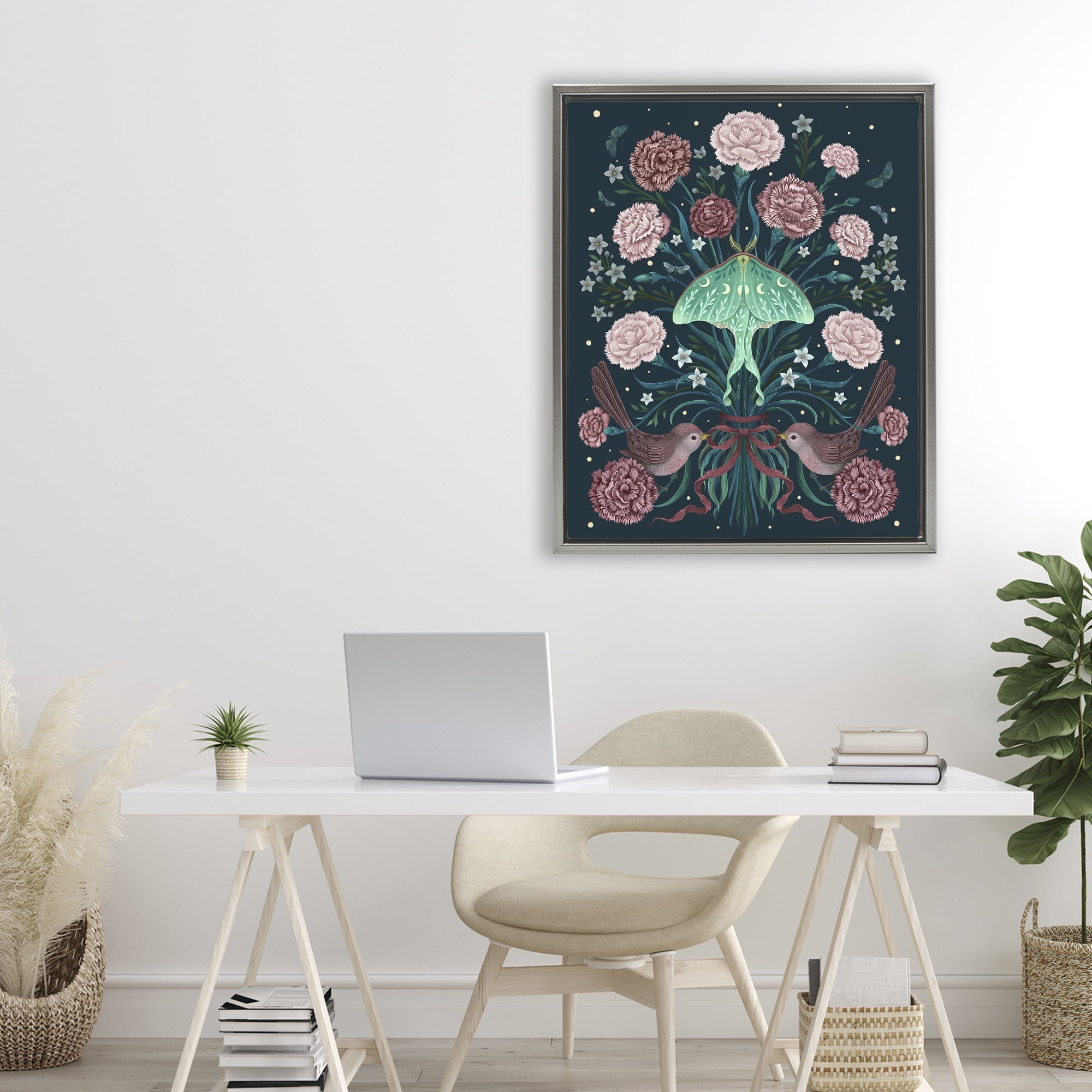 Stupell Industries January Carnations & Moth Gray Framed Floater Canvas Wall Art, design by Episodic Drawings