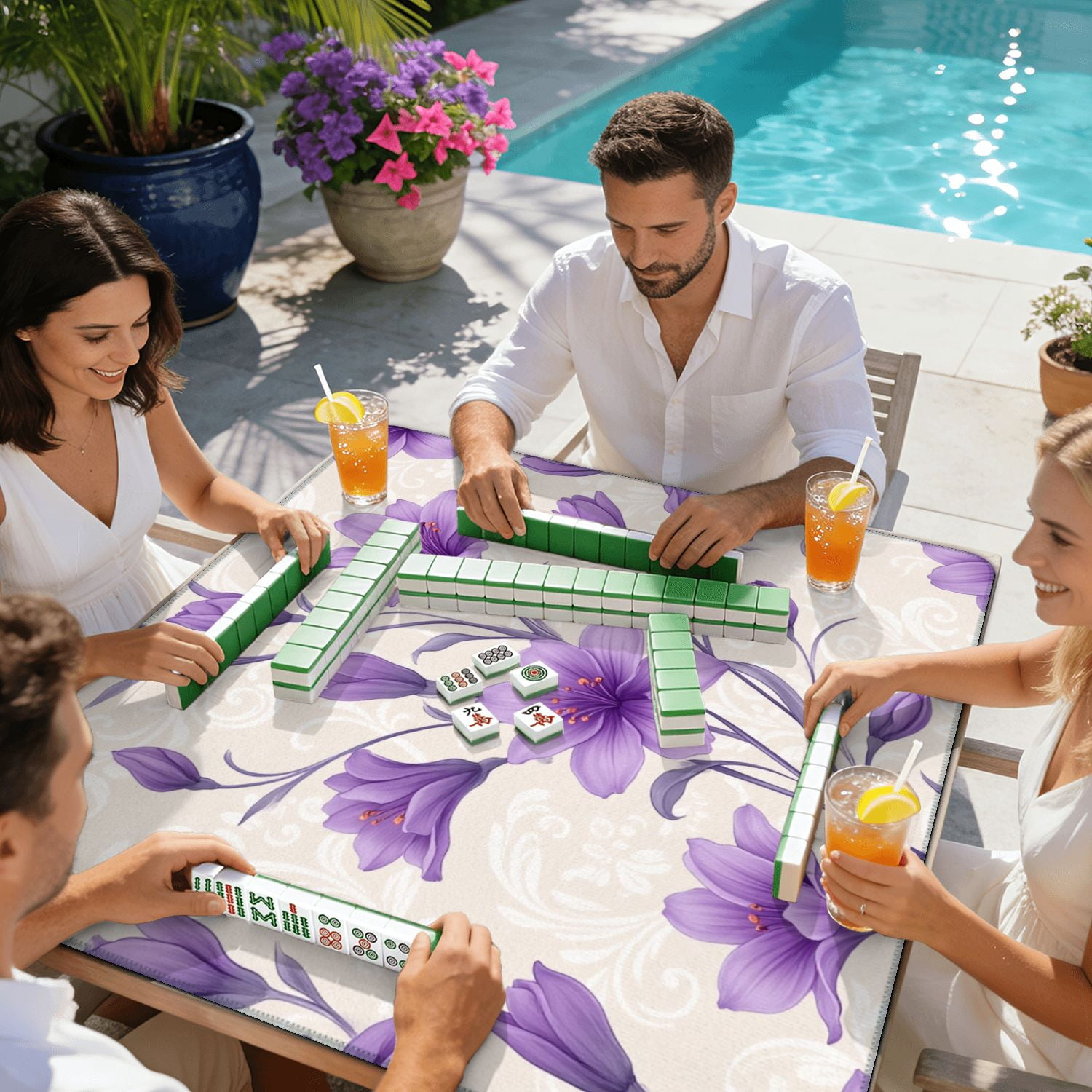 Mahjong Mat 31.5" x 31.5" Purple Floral Elegant Swirls Beige Non-Slip Noise Reduction American Mahjong Tiles Table Cover for Dominoes Poker Card Board Games Gift
