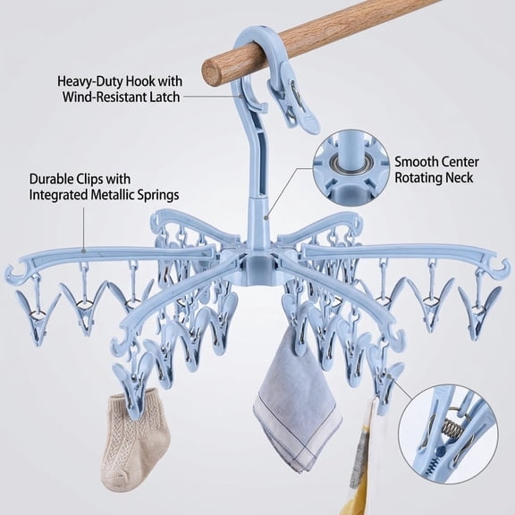 Sock Drying Rack 24 Clips Plastic Laundry Clothes Hanger Rotatable Hanger Sock Dryer Foldable Portable Clothes Drying Rack Folding Sock Hanger for Socks Underwear Baby Clothes