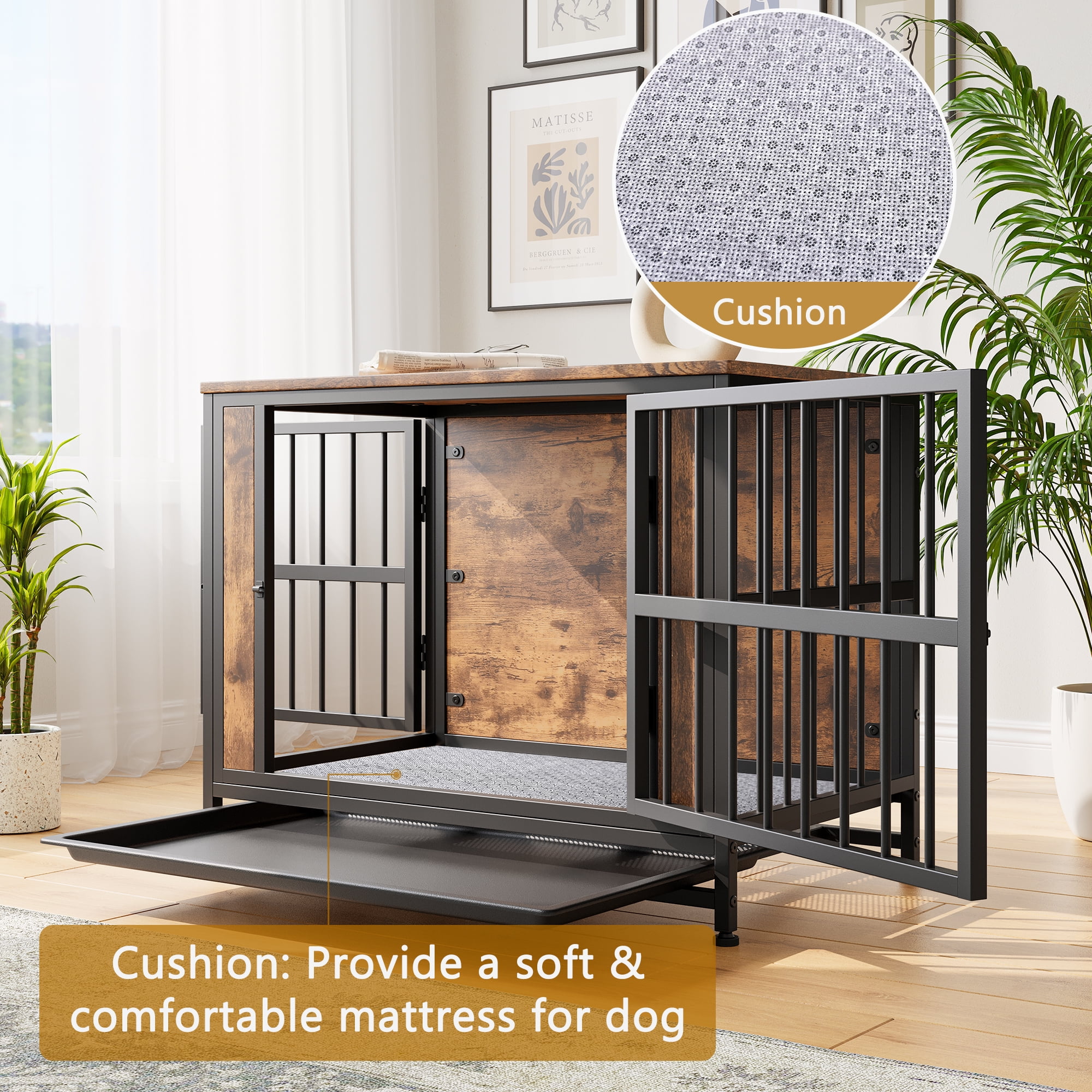 ZephyPaws Heavy Duty Dog Crate Furniture with Double Door,Wood Indoor Dog Crate Kennel for Small/Medium with Pull-Out Tray,End Side Table,TV Stand,Black