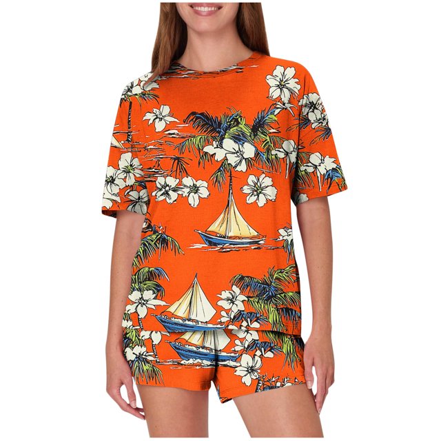 Trajes de Pantalones para Mujeres Casual Suelta Impresión Manga Corta, Cuello Redondo Pantalones Cortos Pijamas Poliéster
