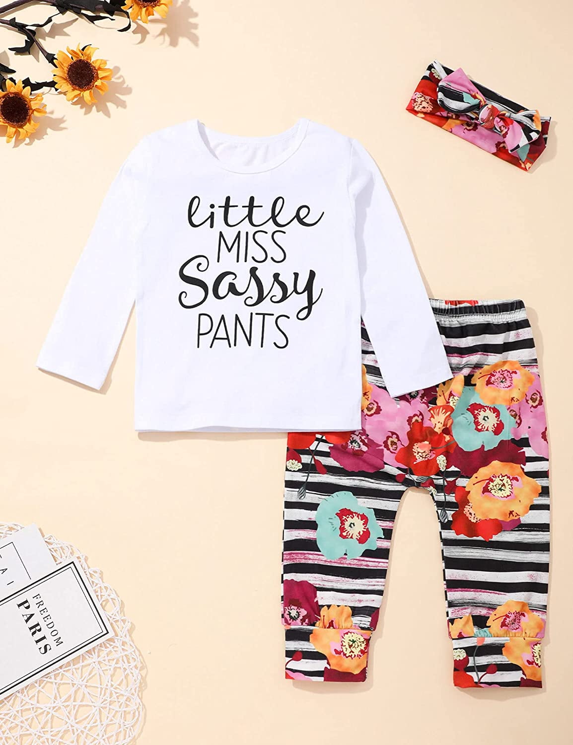 Toddler Baby Girl Clothes Letter Pattern Tops Floral Pants with Headband Outfit Set 12-18 Months