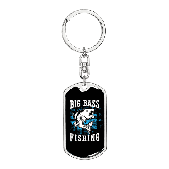 Big Bass Fish Fishing Stainless Steel or 18k Gold Premium Swivel Dog Tag Keychain