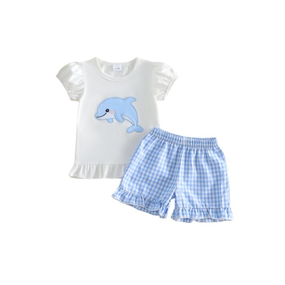 BemeyourBBs Toddler Baby Girls Summer Clothes Cute Infant Baby Girl 2 Piece Outfits Short Sleeve Dolphin Embroidery Ruffle T Shirt Tops Plaid Shorts Sets Toddler Girl Summer Outfit
