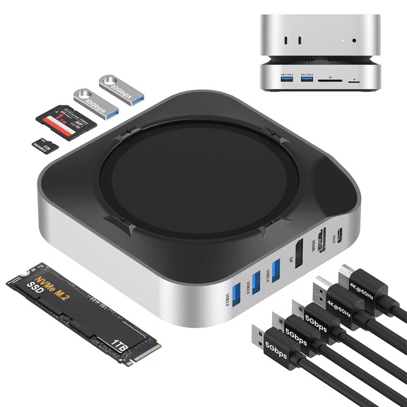 Mac mini M4 Dock, Docking Station Dual Monitor Mac mini Accessories USB C Hub with NVMe SSD Enclosure, 2× USB-A 10Gbps, 3× USB-A 5Gbps, 4K60 HDMI, DisplayPort, SD/TF Card Reader