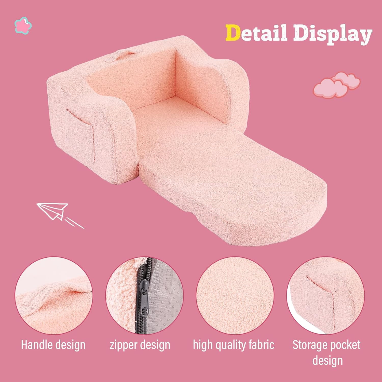 Kids Sofa 2-in-1 Soft  Toddler Chair Convertible Lounger with Side Pockets