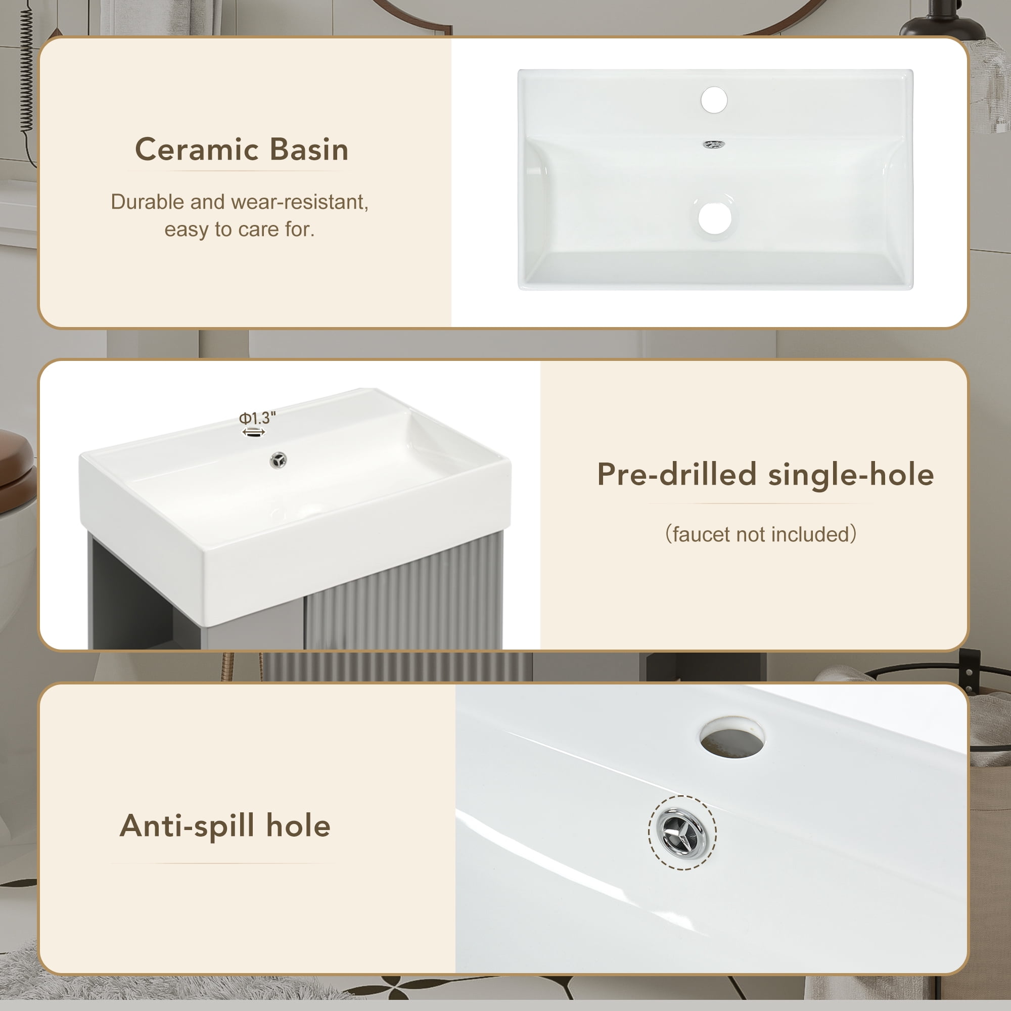 Euroco 21.6 inch Modern Floating Bathroom Vanity with Ceramic Basin - Perfect for Small Bathrooms, Left side storage