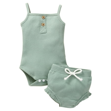 

TAIAOJING Outfit Clothes Set Baby Girls Solid Spring Summer Ribbed Sleeveless Romper Bosyduit Shorts Outfits 6-9 Months