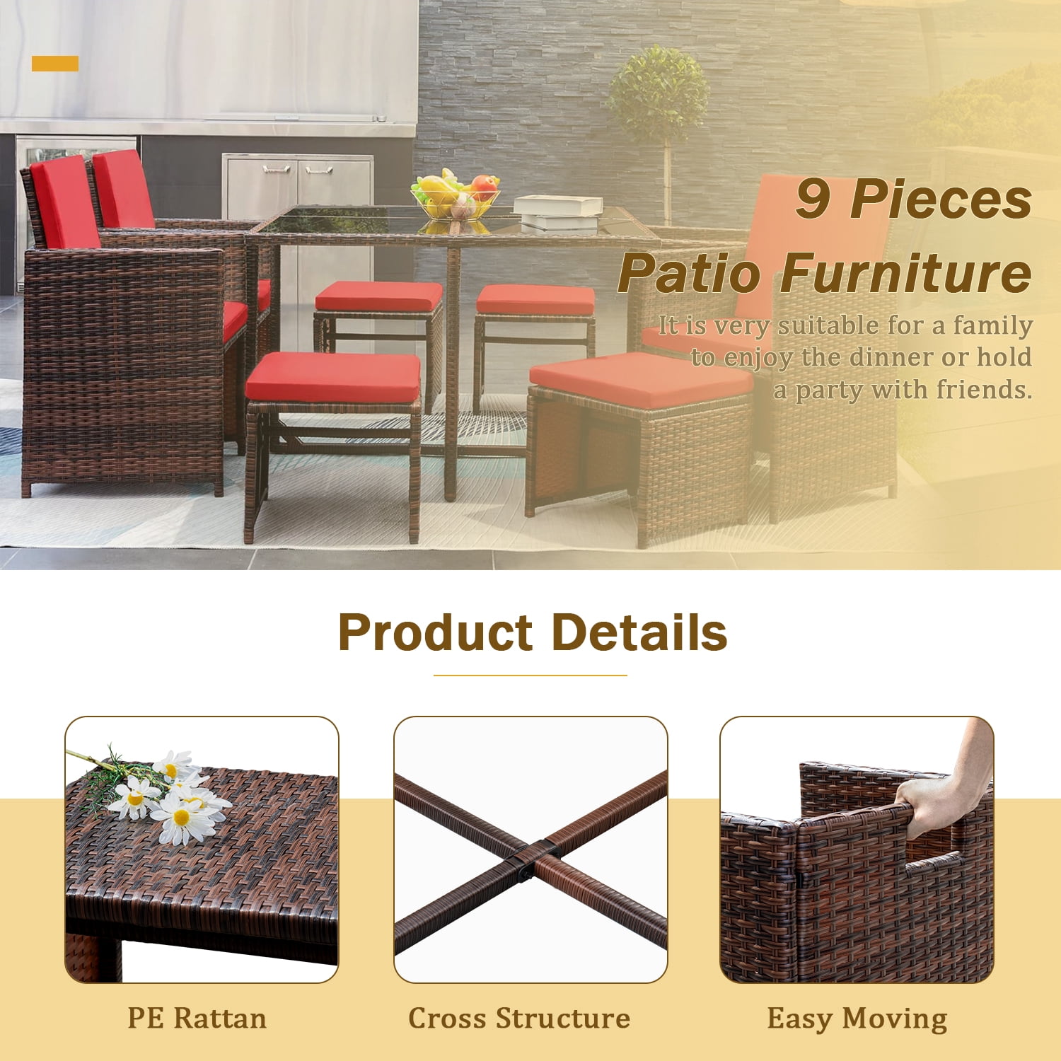 Vineego 9-Pieces Traditional Steel Waterproof Dining Furniture Sets Red