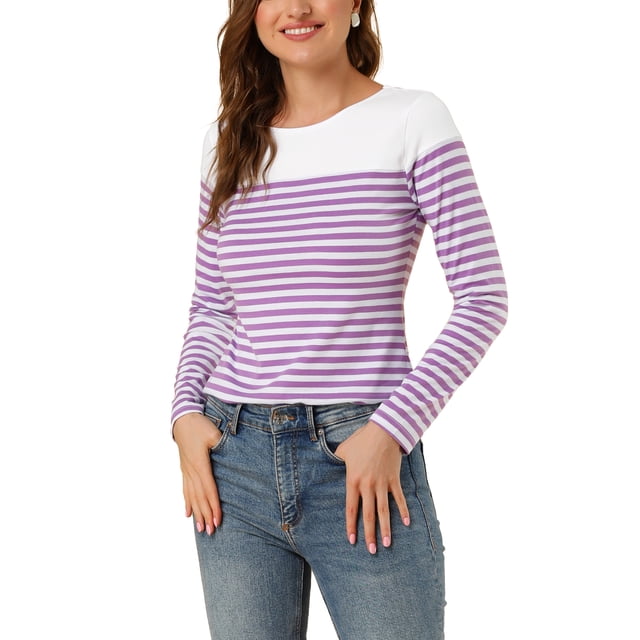 Blusa de mujer INSPIRE CHIC de rayas, bloque de color, de manga larga, camiseta casual, XS, blanca y morada