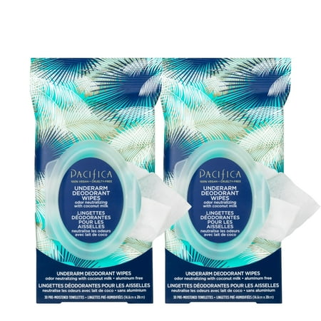 Pacifica Beauty, Coconut Milk & Essential Oils Underarm Deodorant Wipes, 30 Count (Pack of 2), Remove Odor On-The-Go, Aluminum Free, Travel Friendly, Fresh Coconut Scent, 100% Vegan and Cruelty Fr