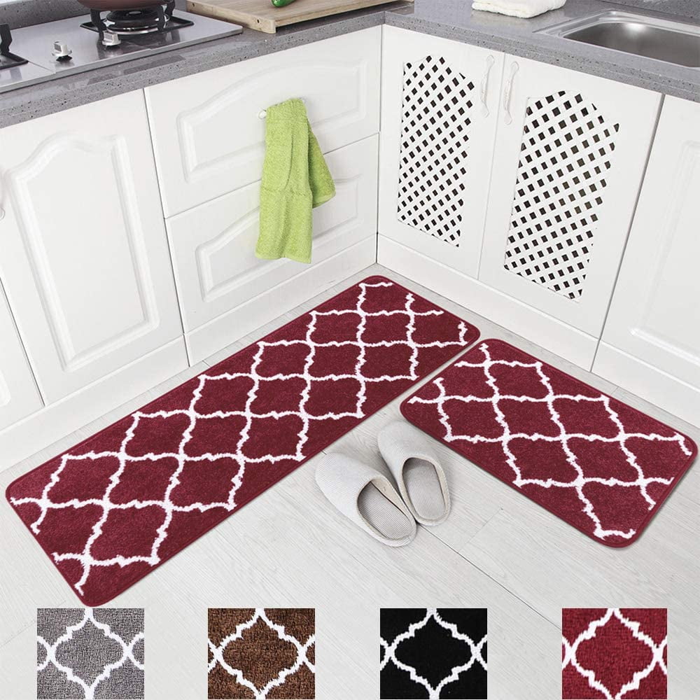 17x48+17x24, Black&Red Carvapet 2 Pieces Buffalo Plaid Check Rug Set Water Absorb Microfiber Non-Slip Kitchen Rug Bathroom Mat Checkered Doormat Carpet for Laundry
