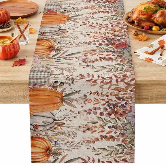 Orange Grey Fall Cotton Linen Table Runner Thanksgiving Botanical Farmhouse Rustic Dining Table Runners for Home Decor Party Dining Room Restaurant Kitchen Party 13" x 108"