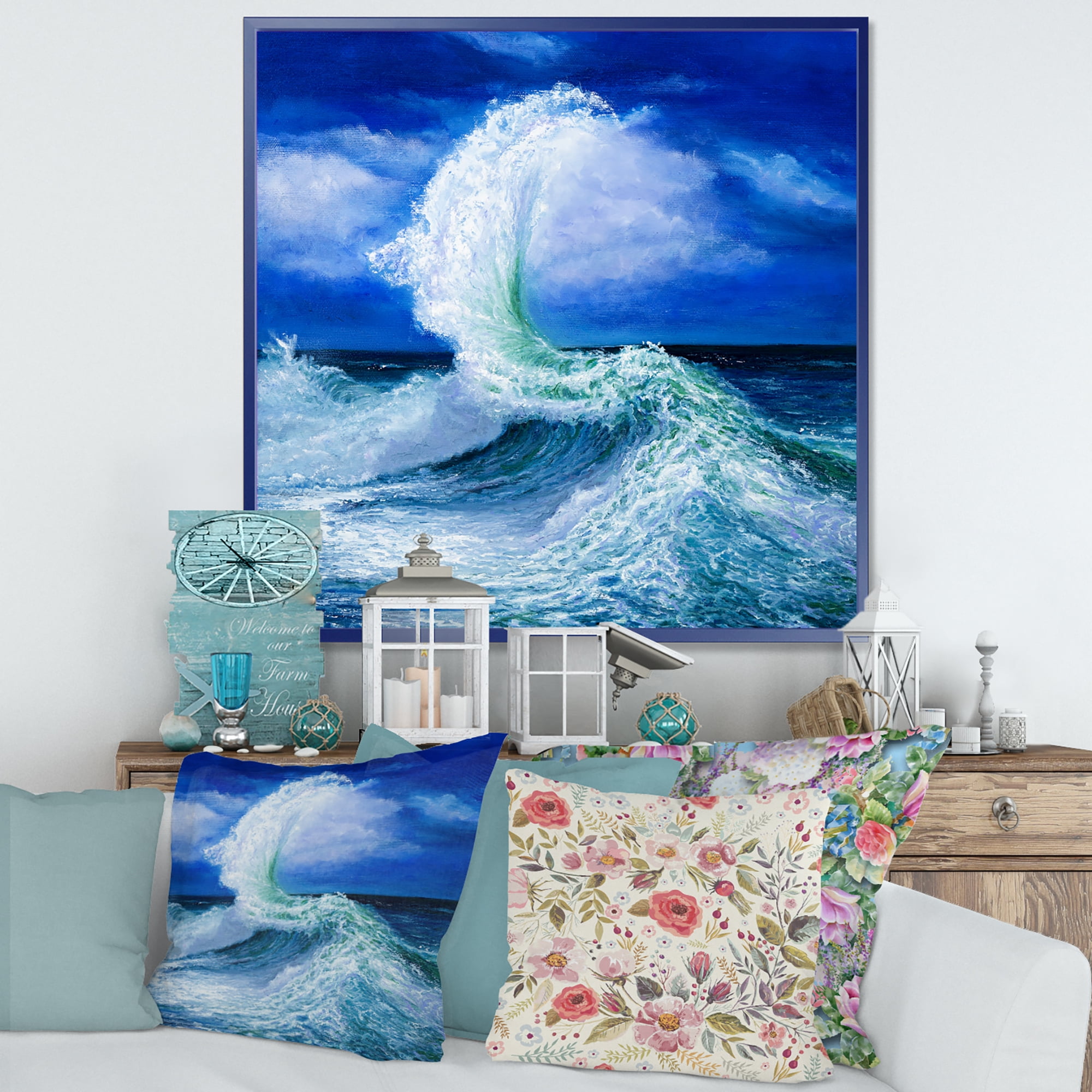 Designart 'Waves Breaking During Wild Blue Ocean Tide' Nautical & Coastal Framed Canvas Wall Art Print