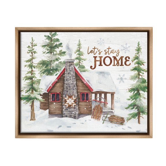 Stupell Industries Cozy Winter Cabin Phrase Landscape Painting Brown Floater Framed Canvas Art Print Wall Art, 31 x 25
