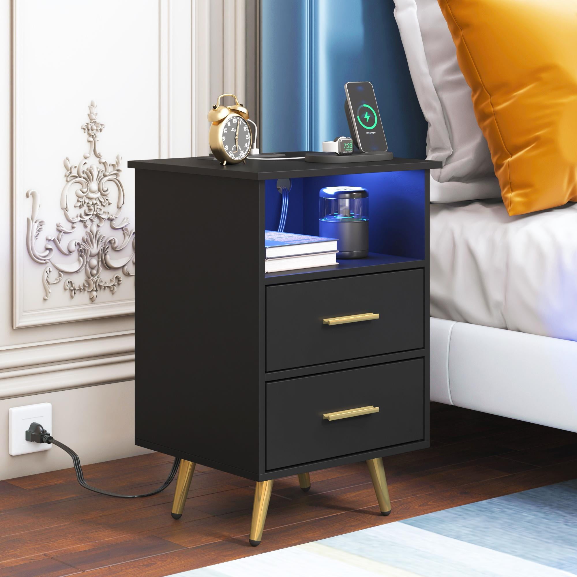 UHOMEPRO Black Nightstand with Charging Station, Bedside Table with LED Lights Strips, Modern End Side Table, Versatile Nightstand with Drawers, Side Table for Home and Office