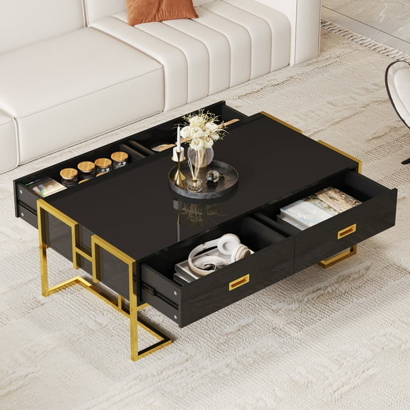 Modern Rectangular Coffee Table with 4 Drawers, Gold Metal Base, Storage Coffee Table for Living Room, Large Cocktail Table Center Table for Modern Spaces, Black