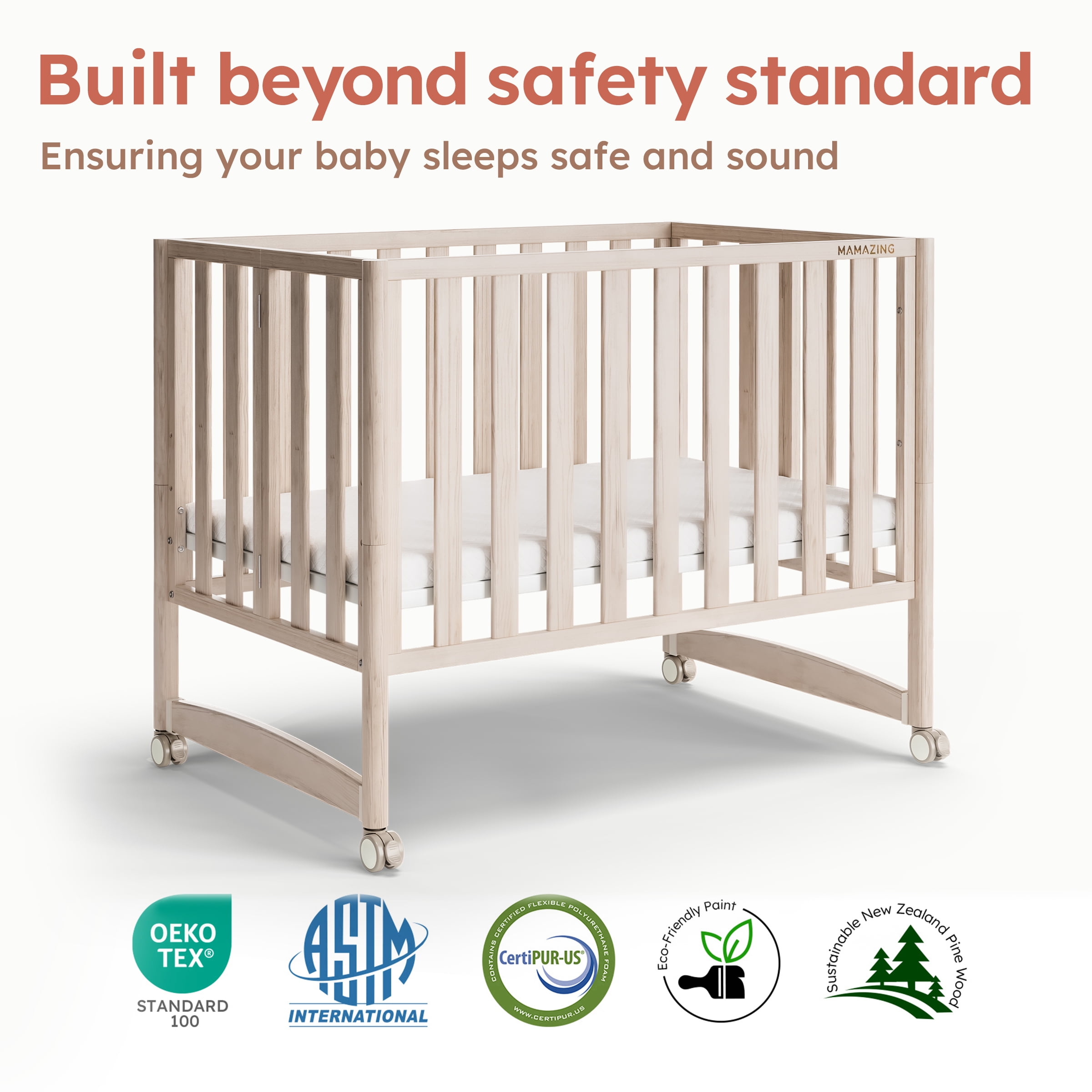 Mamazing 7-in-1 Convertible Baby Crib with mattress, 4 Adjustable Heights Pinewood Foldable Infant Cradle Converts to Twin Bed Playpen Mini Sofa