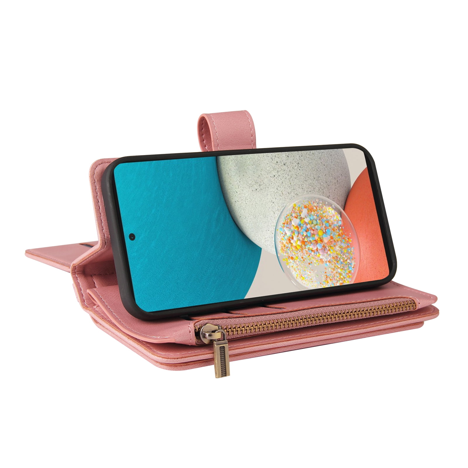 Phone Case for Samsung Galaxy A53 5G, Galaxy A53 5G Wallet Case, Luxury Folio Flip Leather Cover [Zipper Pocket] [Wrist Strap] [Kickstand] for Samsung Galaxy A53 5G 6.5 inch,Pink