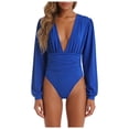 thumbnail image 6 of larppty Women's Sexy Ruched Deep V Neck Long Sleeve Bodysuit Plunging Neckline Leotard Shirts（Blue， M）, 6 of 9